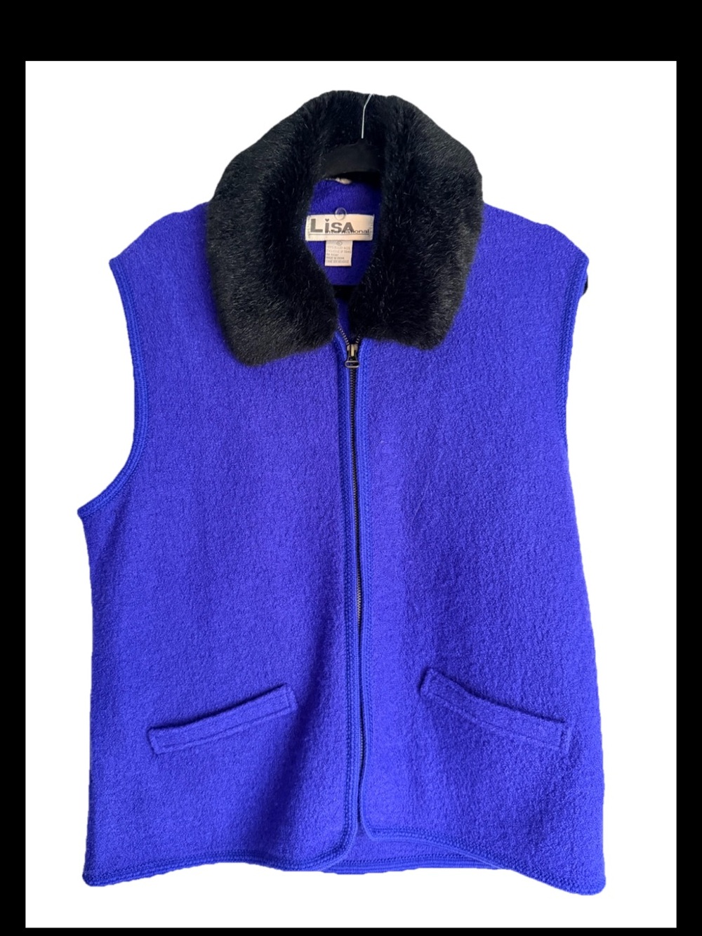 LISA INTERNATIONAL Royal Blue Boiled Wool Full Zip Sweater Vest Sz L